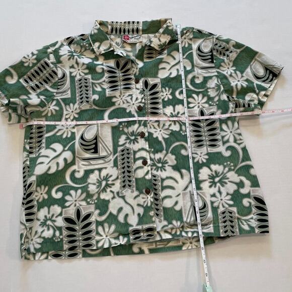 VTG Hilo Hattie Short Sleeve Green Tropical Print Hawaiian Button Down Shirt, L - Picture 8 of 11